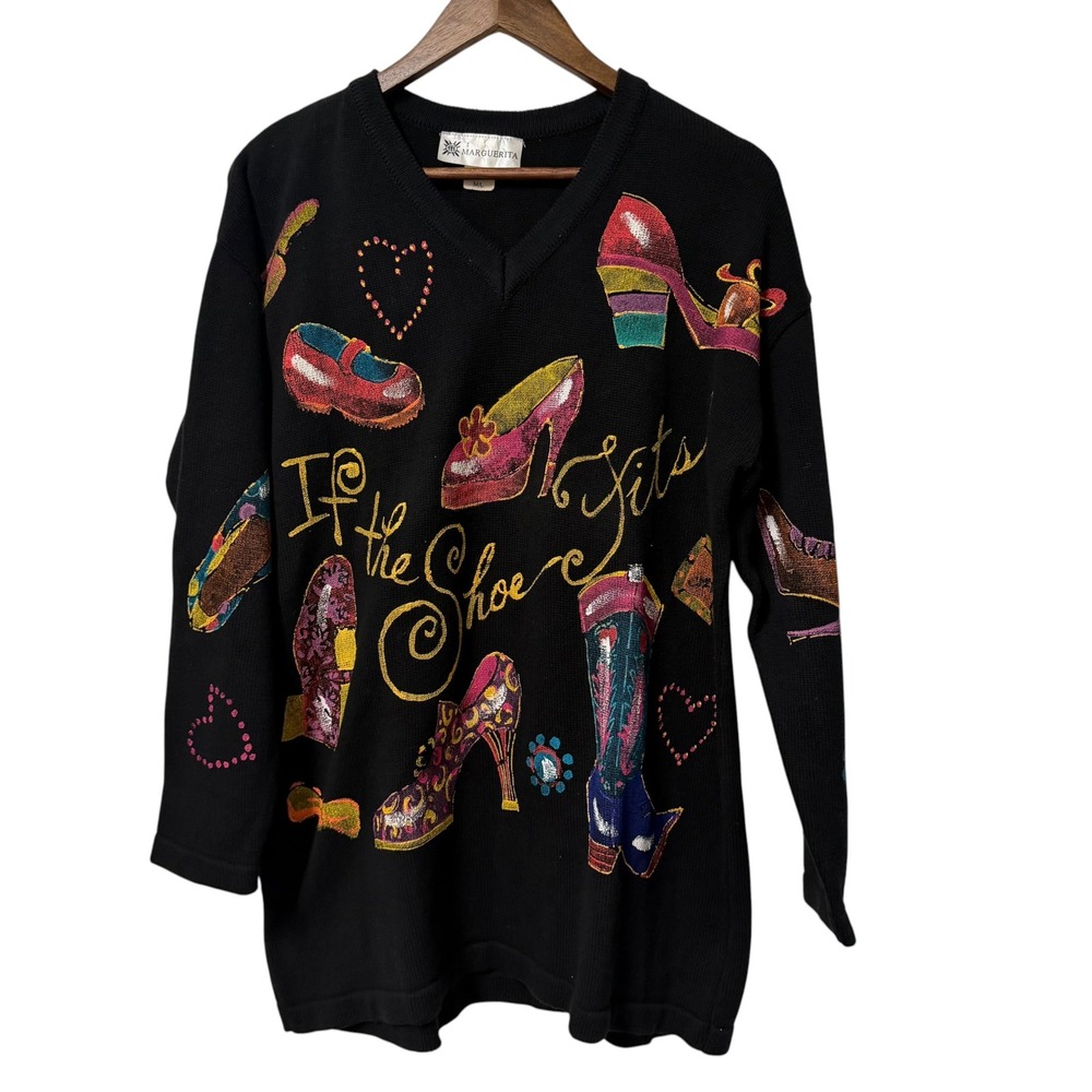 Vtg Marguerita Sweater Women M/L Black If The Shoe Fits Novelty Knit Statement